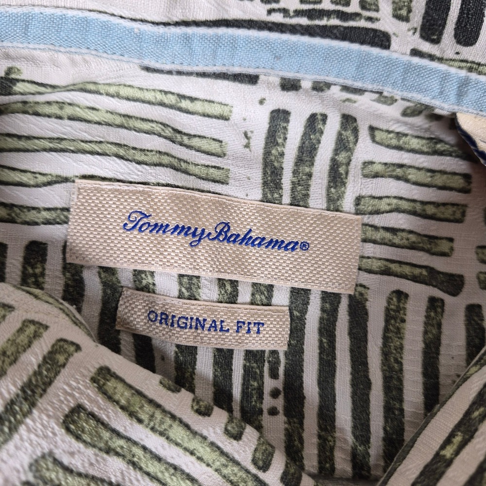 Tommy Bahama Button Up Shirt Mens Large Green 100% Silk Block Print Short Sleeve - Picture 2 of 7